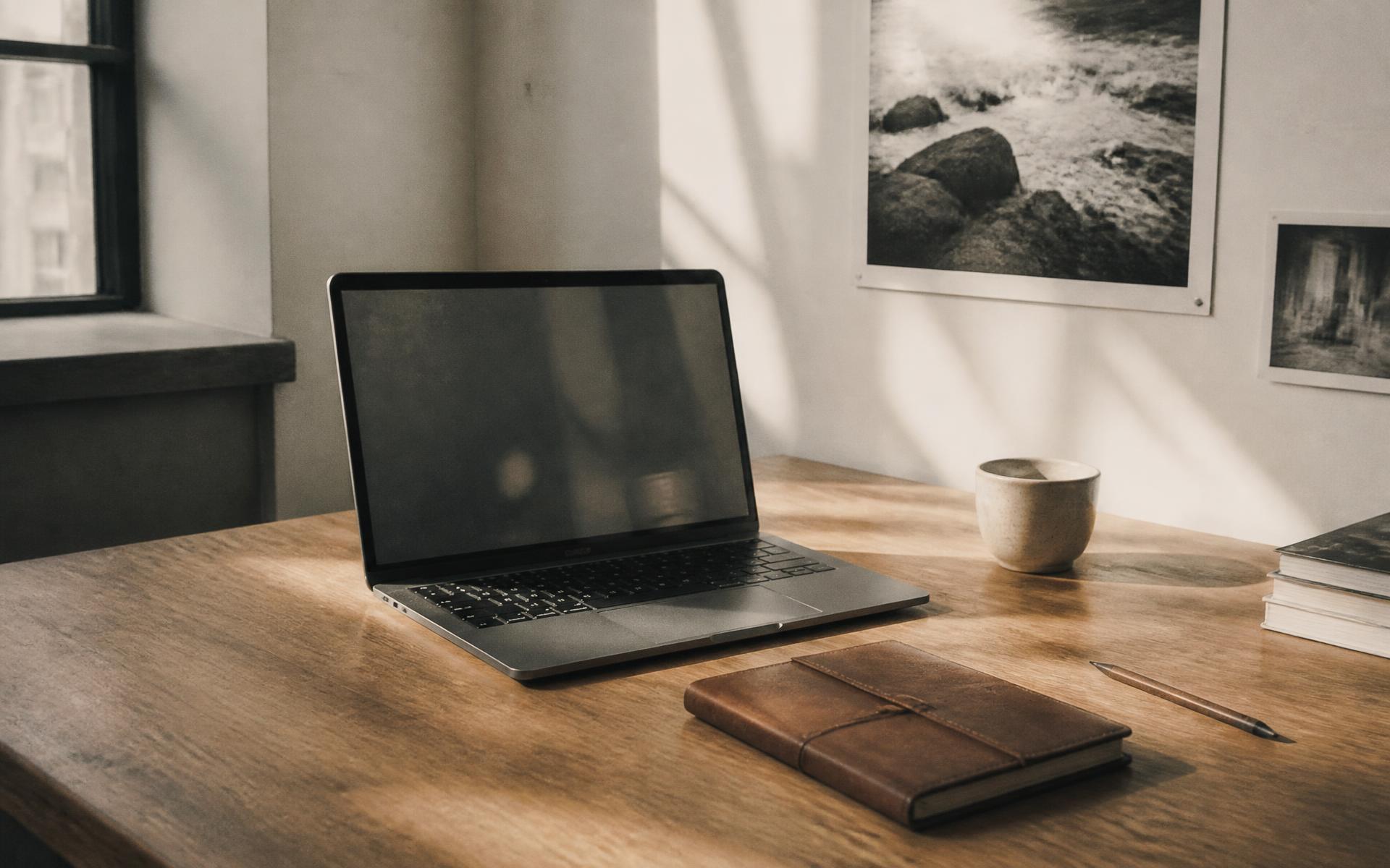 Arbeitsplatz mit Laptop, Notizbuch und Tageslicht