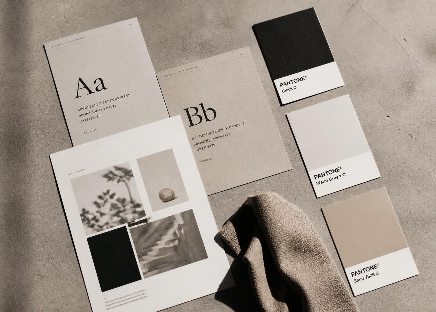 Typografieproben und Farbkarten in neutralen Tönen